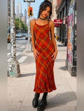 vintage laura ashley Orange Plaid dress size 8 linen Blend Y2K Grunge Whimsigoth